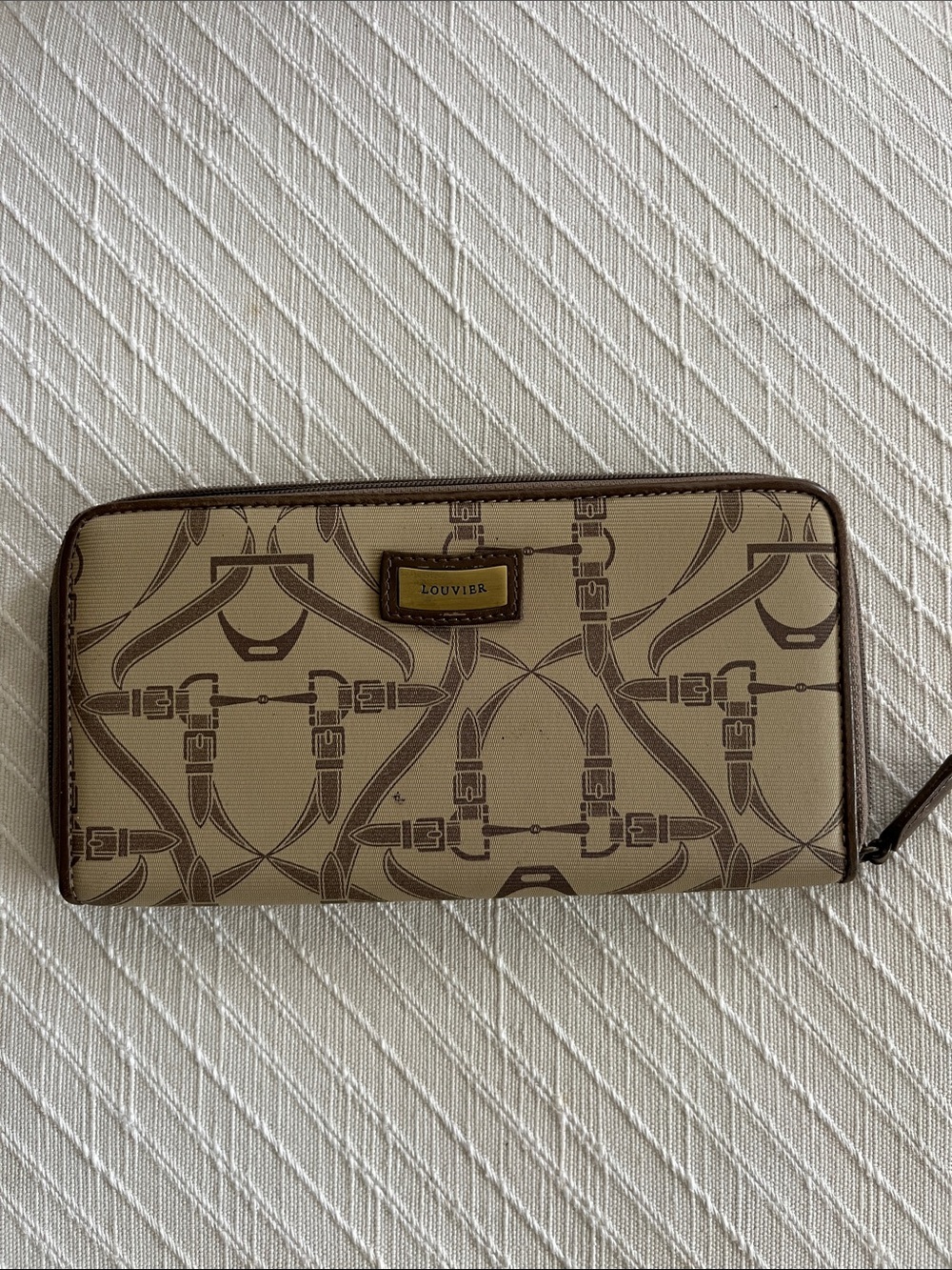 Louvier Signature Print Zip Leather Wallet in Beige and Brown